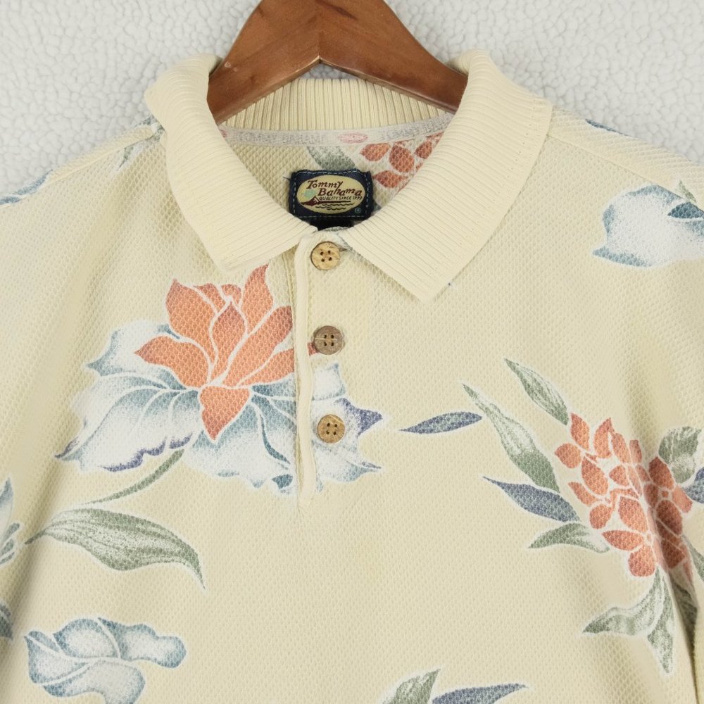 Tommy Bahama Polo Mens Lage Beige Floral Stretchy Hawaiian Aloha Camp Summer - Picture 2 of 7